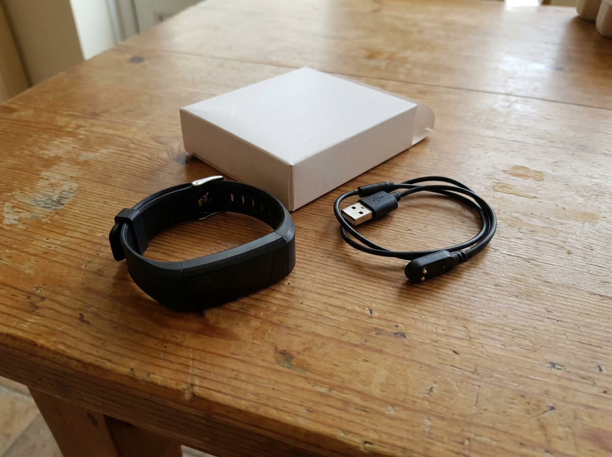 La pulsera ActiV8, su caja blanca y el cable de carga USB sobre la mesa de la cocina